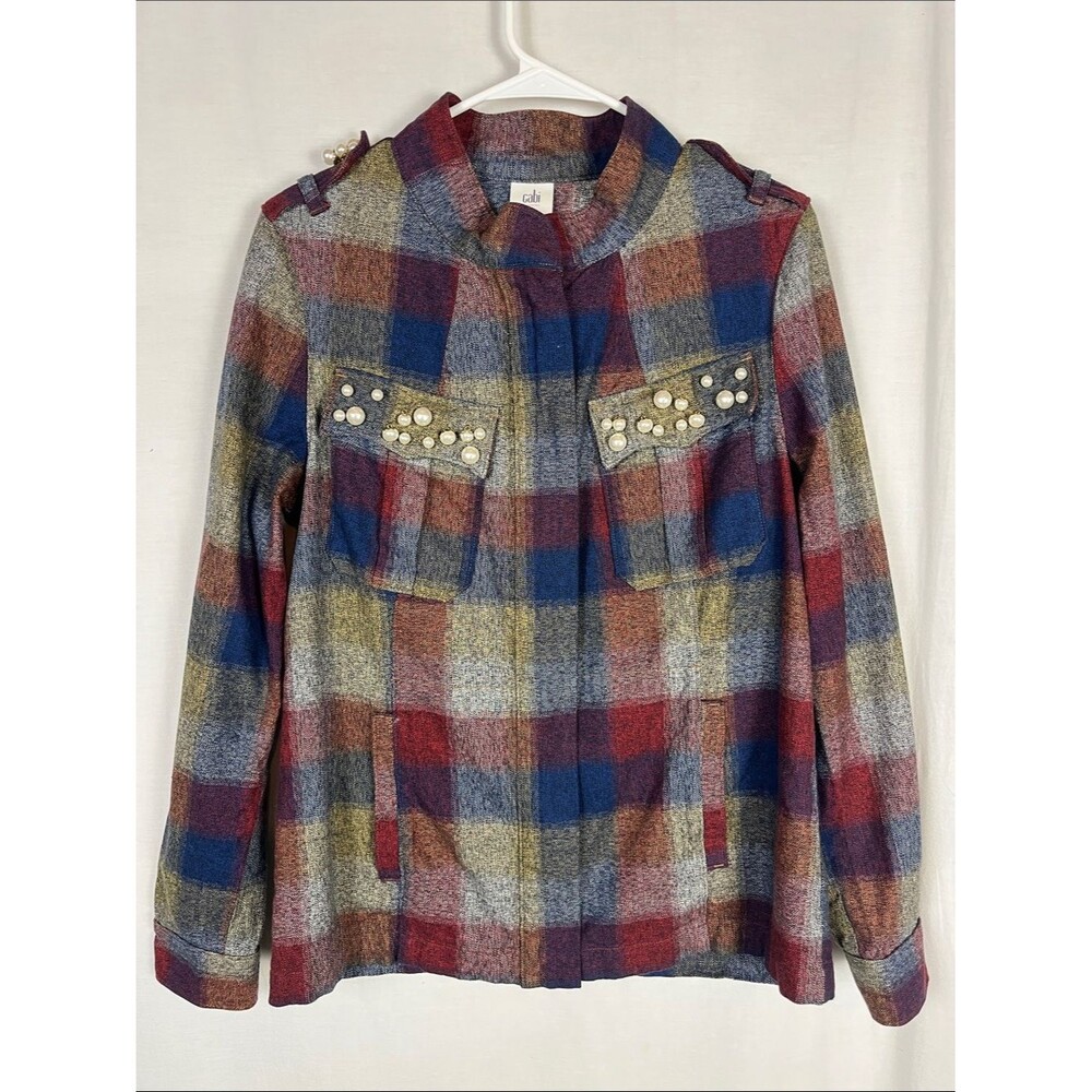 Cabi Plaid and Faux Pearls Zip Up Lightweight Jacket
